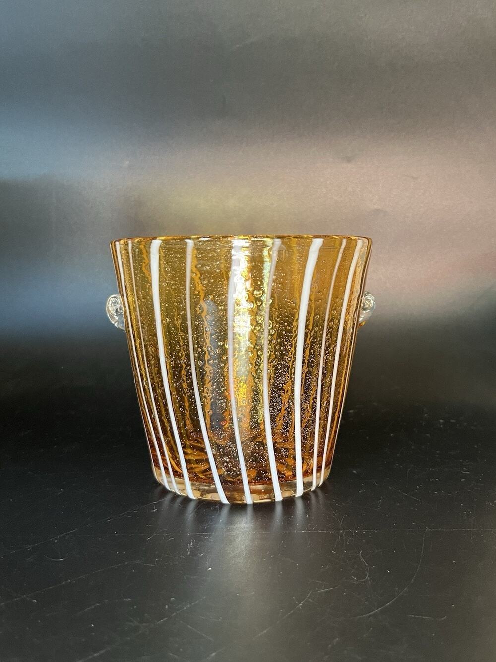 Vintage Amber Art Glass Ice Bucket Vase White Stripes Bubble Glass
